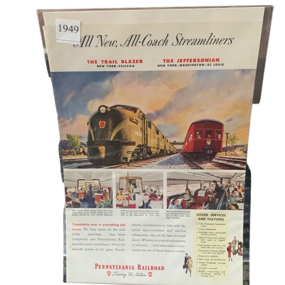 Vintage 1949 Pennsylvania Railroad All New All Coach Streamliners Ad Advertiseme
